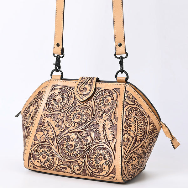 ADBGZ868 Hand-Tooled Tan Leather Structured Messenger Bag Western Floral Purse | American Darling