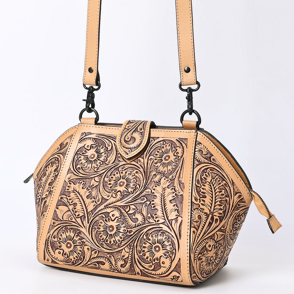 ADBGZ868 Hand-Tooled Tan Leather Structured Messenger Bag Western Floral Purse | American Darling