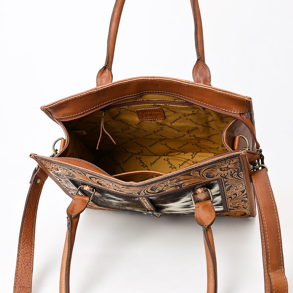 ADBGA584 Hand-Tooled Genuine Leather & Cowhide Western Tote Bag-Floral Buckle Accent Purse