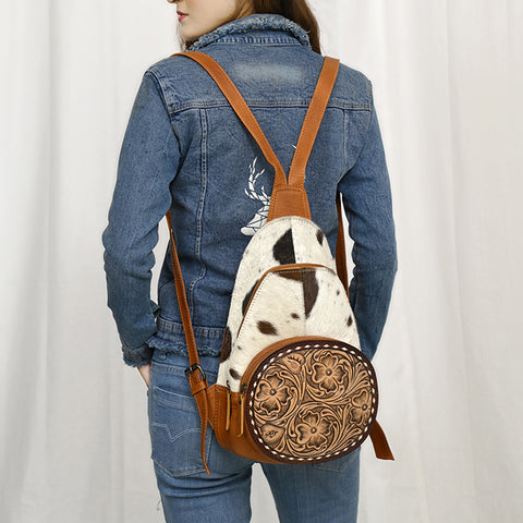 American Darling Handcrafted Western Leather Sling Bag with Genuine Hair-On Cowhide & Tooled Front