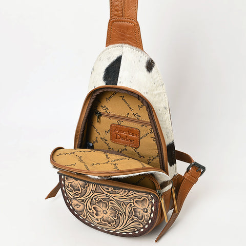American Darling Handcrafted Western Leather Sling Bag with Genuine Hair-On Cowhide & Tooled Front