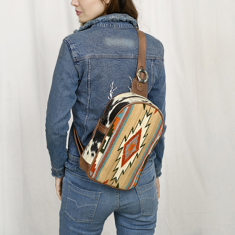 ADBG1522 Southwestern Woven Saddle Blanket & Leather Sling Backpack - Cowhide Accent with Western Buckle