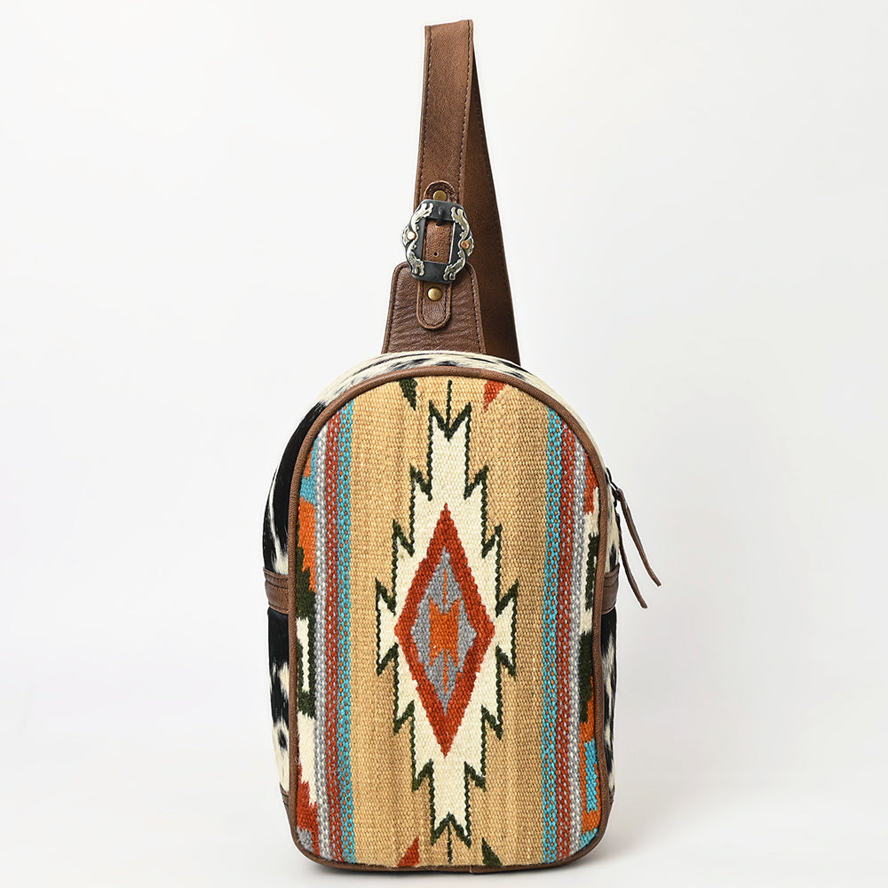 ADBG1522 Southwestern Woven Saddle Blanket & Leather Sling Backpack - Cowhide Accent with Western Buckle