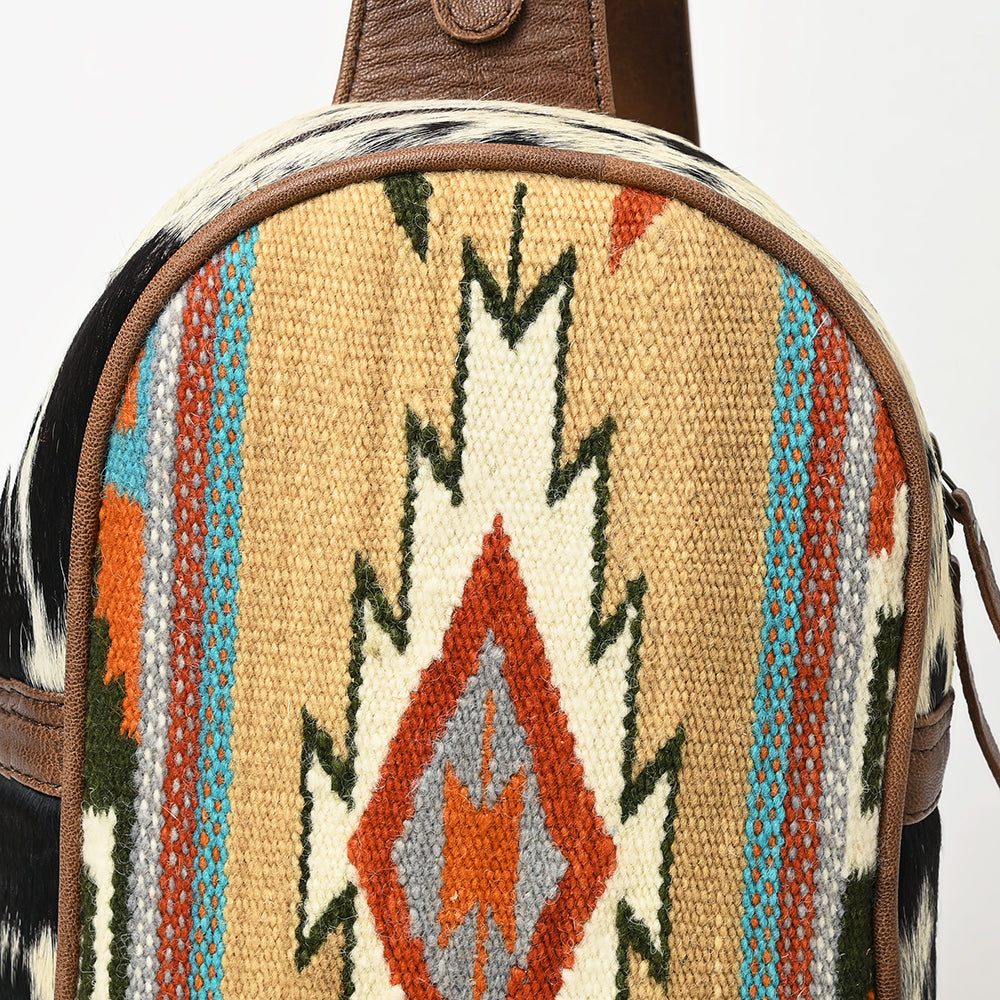 ADBG1522 Southwestern Woven Saddle Blanket & Leather Sling Backpack - Cowhide Accent with Western Buckle