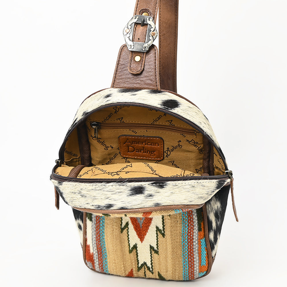 ADBG1522 Southwestern Woven Saddle Blanket & Leather Sling Backpack - Cowhide Accent with Western Buckle