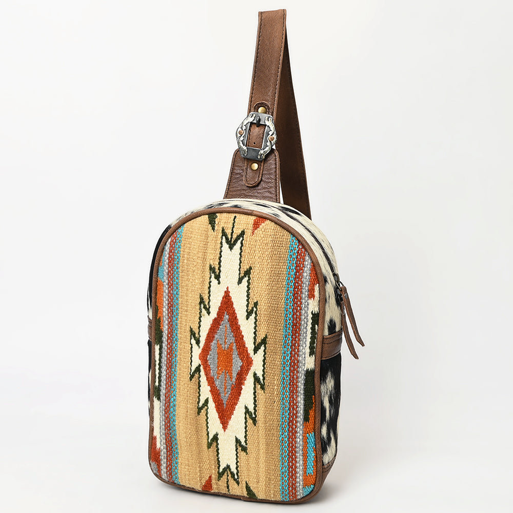 ADBG1522 Southwestern Woven Saddle Blanket & Leather Sling Backpack - Cowhide Accent with Western Buckle