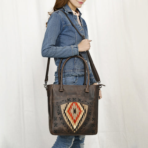 American Darling Western Leather Tote Bag with Hand Woven Saddle Blanket Detail