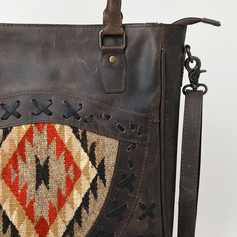 American Darling Western Leather Tote Bag with Hand Woven Saddle Blanket Detail