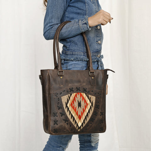 American Darling Western Leather Tote Bag with Hand Woven Saddle Blanket Detail