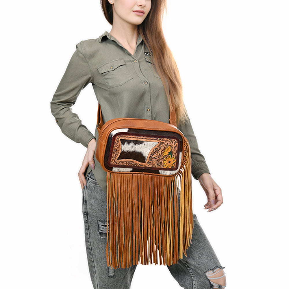 ADBG1524 Hand Tooled Leather & Cowhide Crossbody Fringe Bag - Western Floral with Yellow Daisies