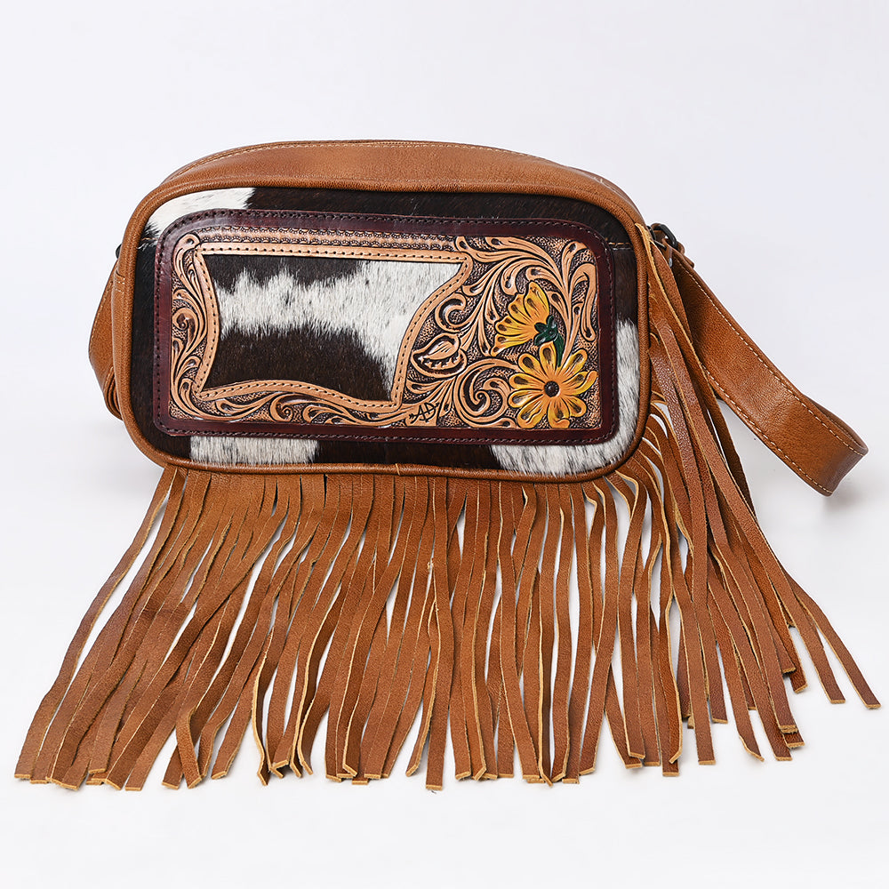 ADBG1524 Hand Tooled Leather & Cowhide Crossbody Fringe Bag - Western Floral with Yellow Daisies