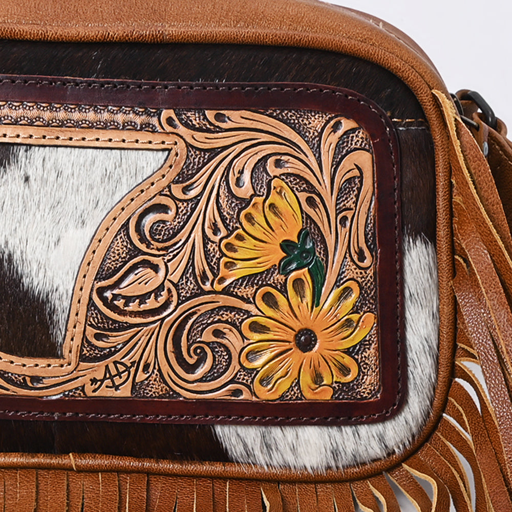 ADBG1524 Hand Tooled Leather & Cowhide Crossbody Fringe Bag - Western Floral with Yellow Daisies