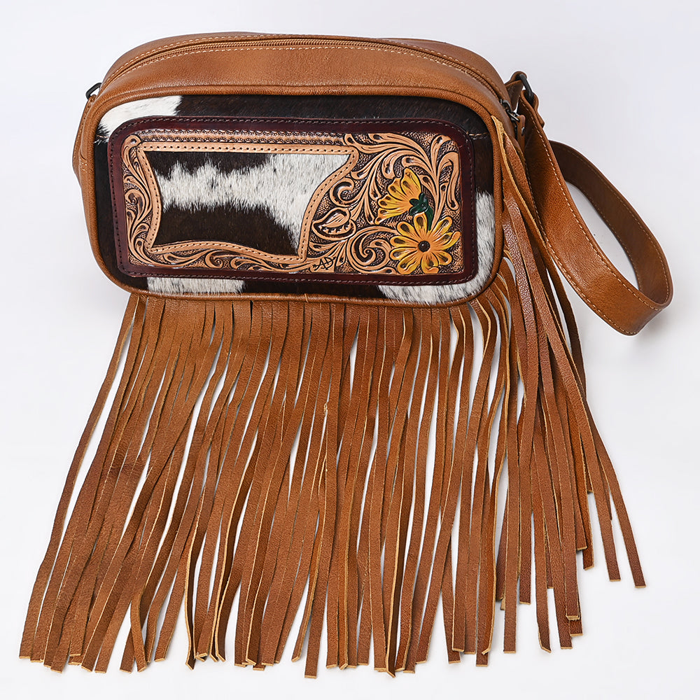 ADBG1524 Hand Tooled Leather & Cowhide Crossbody Fringe Bag - Western Floral with Yellow Daisies