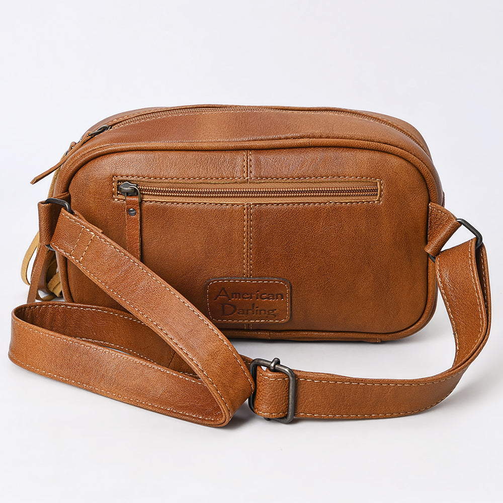 ADBG1524 Hand Tooled Leather & Cowhide Crossbody Fringe Bag - Western Floral with Yellow Daisies