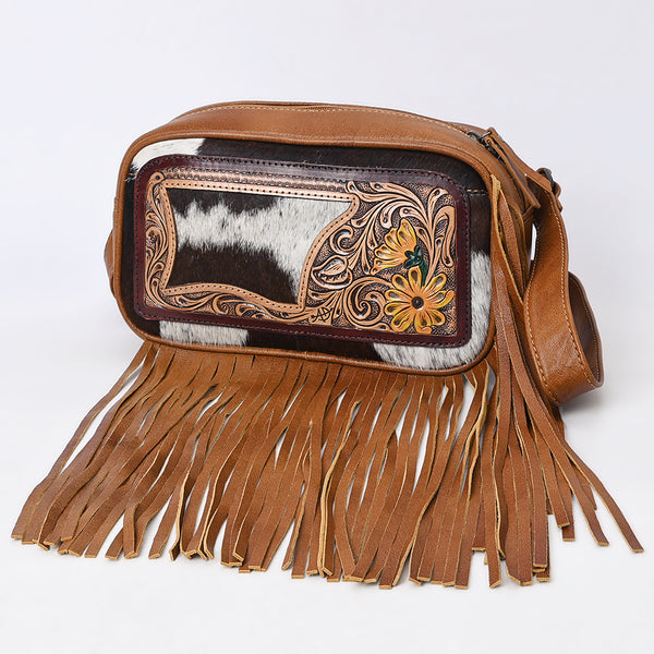 ADBG1524 Tooled Leather & Cowhide Crossbody Fringe Bag - Western Floral with Yellow Daisies