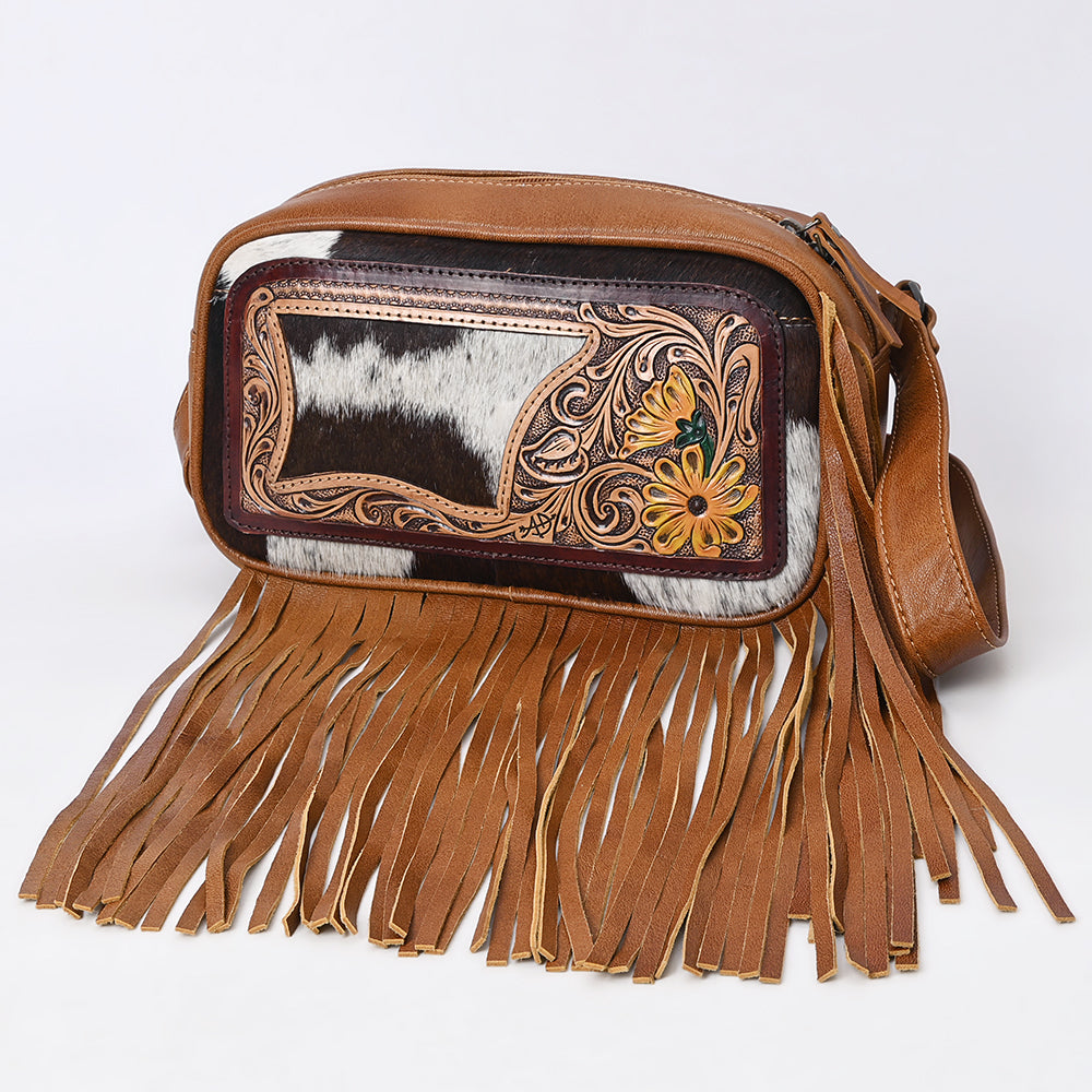 ADBG1524 Hand Tooled Leather & Cowhide Crossbody Fringe Bag - Western Floral with Yellow Daisies