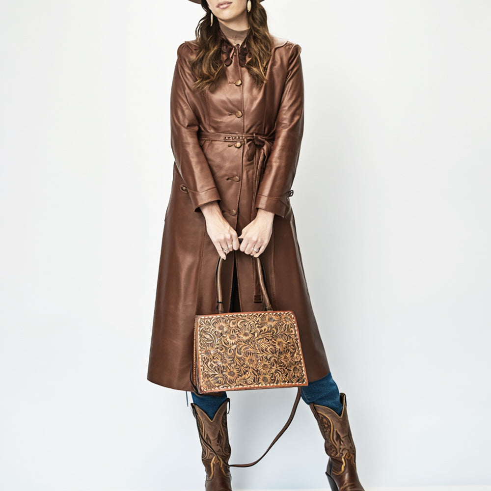 ADBG1525 Hand-Tooled Leather Western Tote Bag - Sunflower Floral Scroll Design