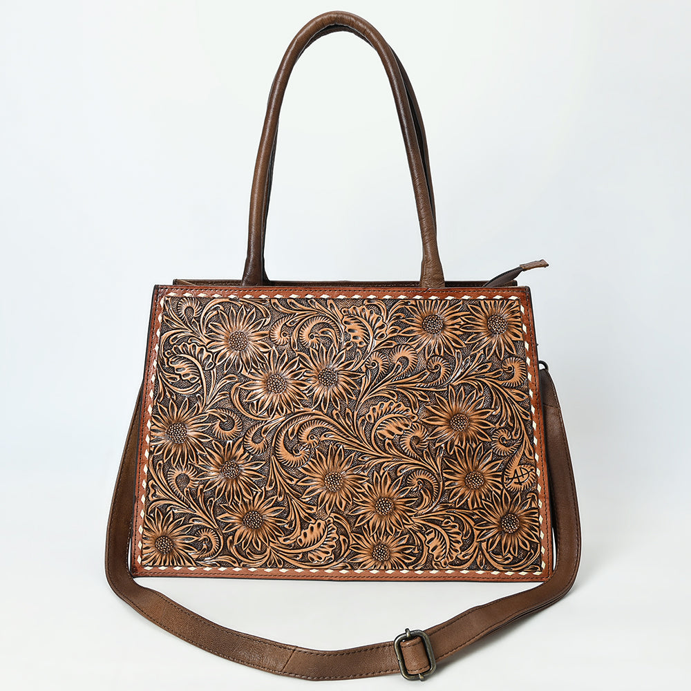 ADBG1525 Hand-Tooled Leather Western Tote Bag - Sunflower Floral Scroll Design
