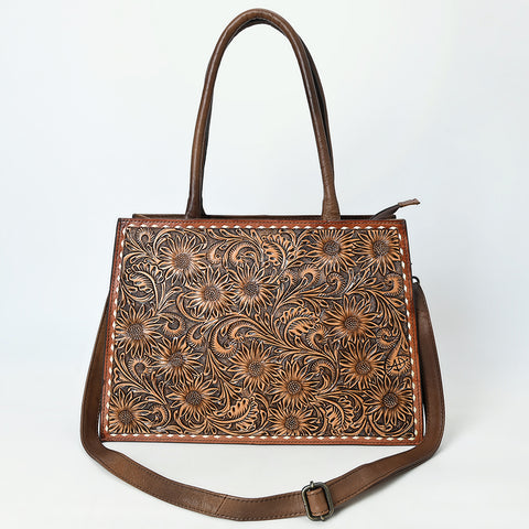 American Darling Hand Tooled Western Leather Tote Bag with Floral Carving and Buck Stitching