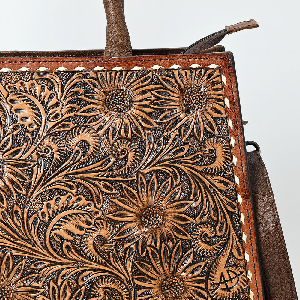 ADBG1525 Hand-Tooled Leather Western Tote Bag - Sunflower Floral Scroll Design