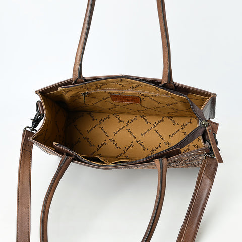 American Darling Hand Tooled Western Leather Tote Bag with Floral Carving and Buck Stitching