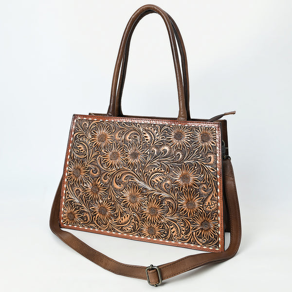 ADBG1525 Hand-Tooled Leather Western Tote Bag - Sunflower Floral Scroll Design