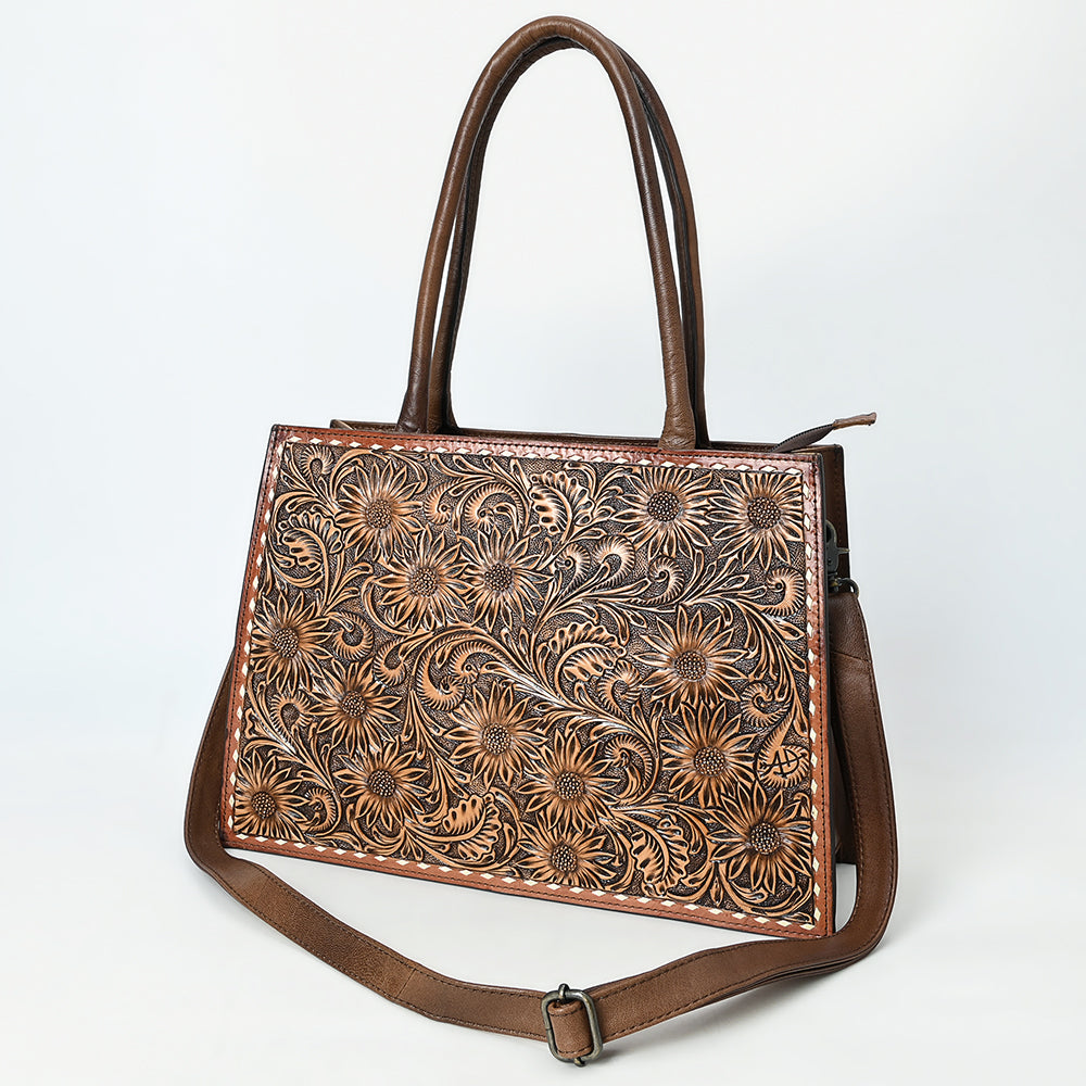 ADBG1525 Hand-Tooled Leather Western Tote Bag - Sunflower Floral Scroll Design