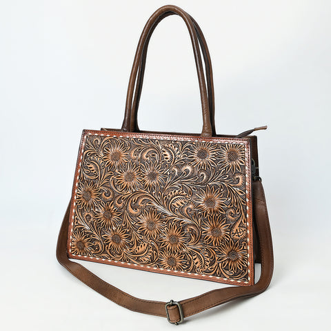 American Darling Hand Tooled Western Leather Tote Bag with Floral Carving and Buck Stitching