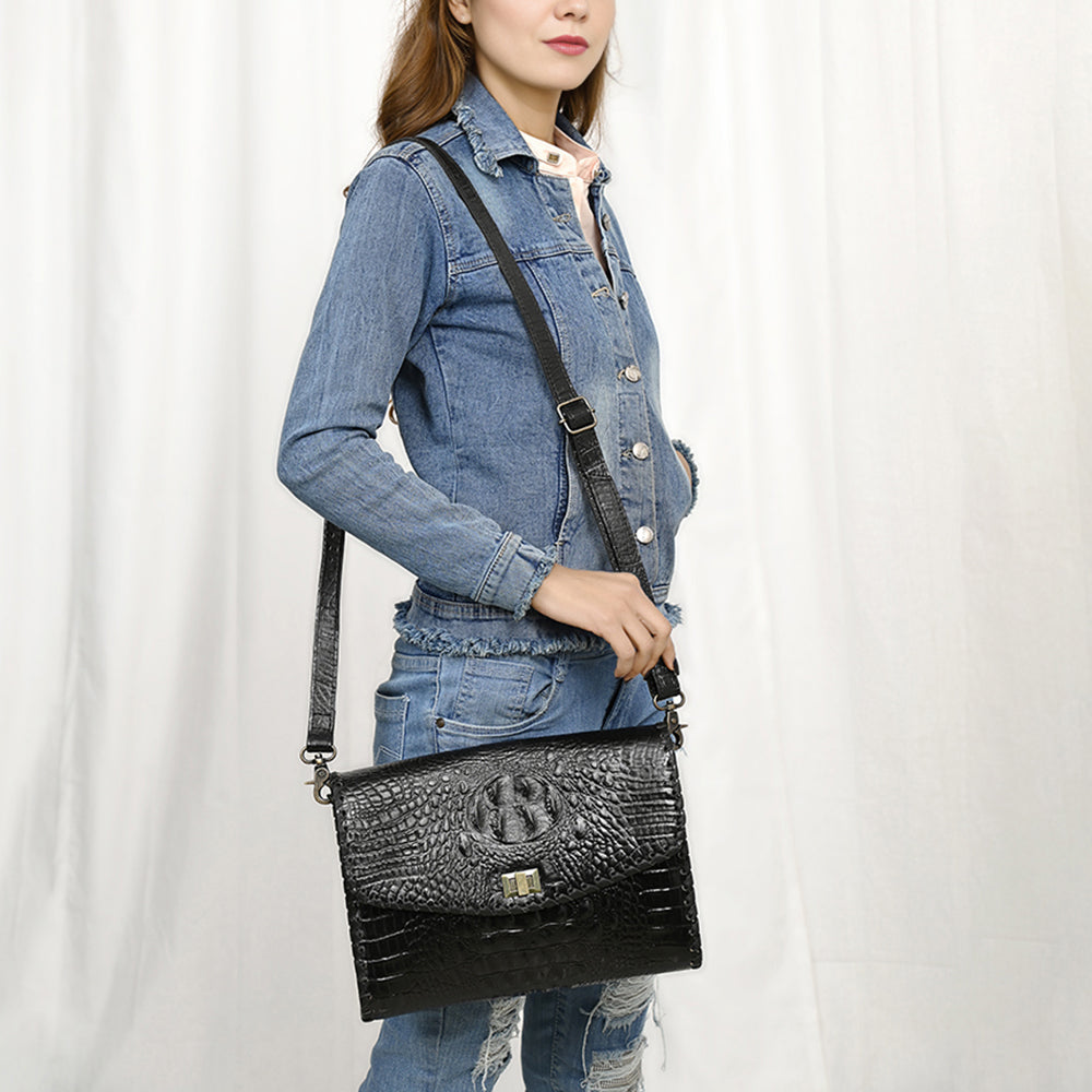 ADBG1526 Black Croc-Embossed Leather Crossbody Bag - Western Structured Flap Purse