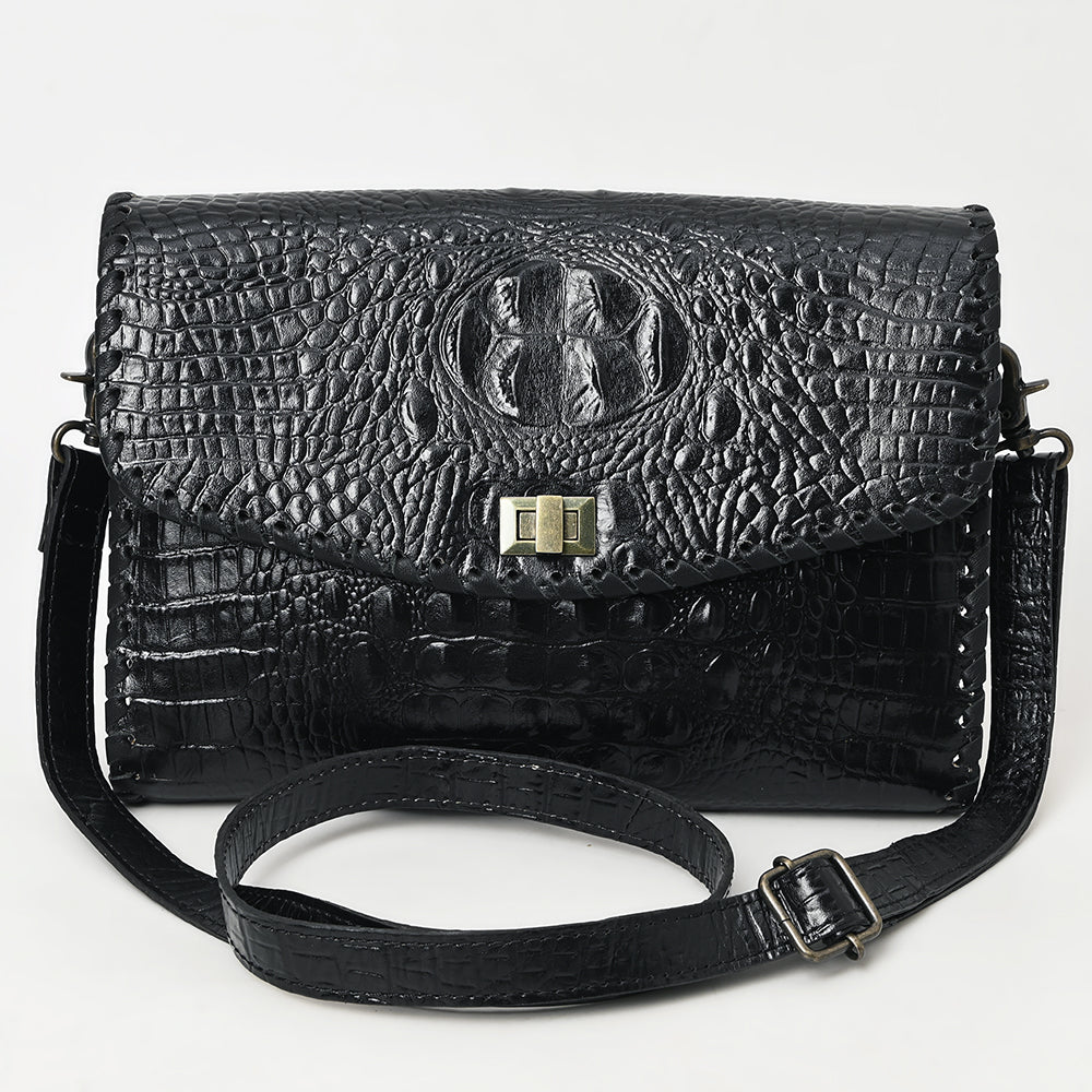 ADBG1526 Black Croc-Embossed Leather Crossbody Bag - Western Structured Flap Purse