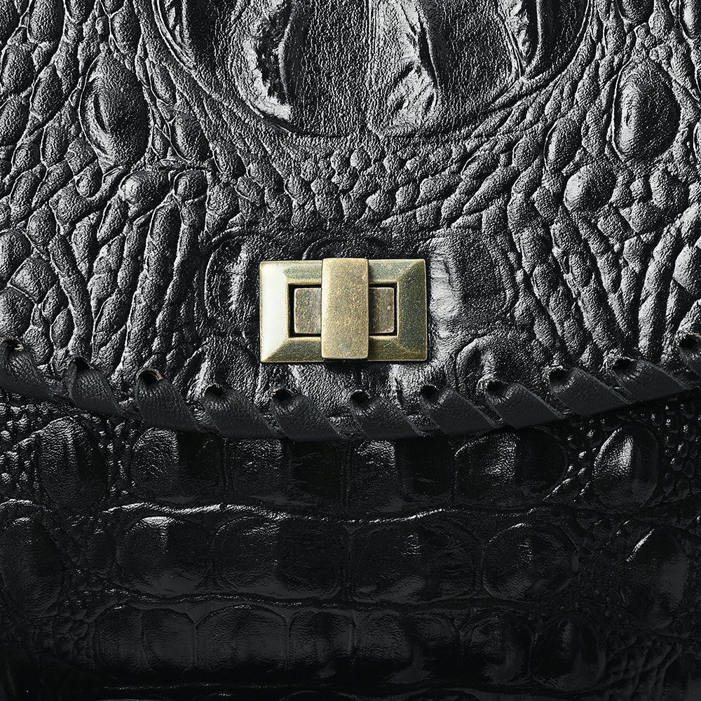 ADBG1526 Black Croc-Embossed Leather Crossbody Bag - Western Structured Flap Purse