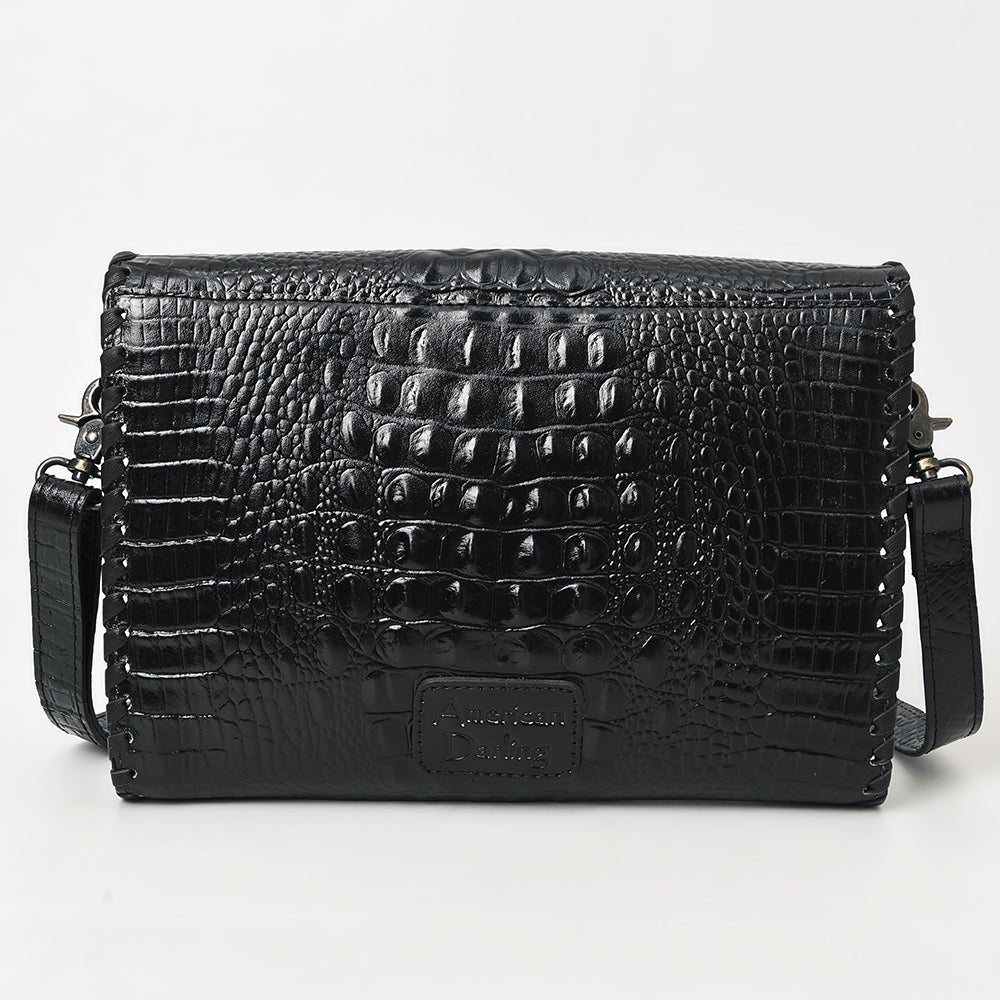 ADBG1526 Black Croc-Embossed Leather Crossbody Bag - Western Structured Flap Purse