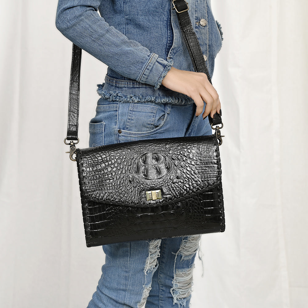 ADBG1526 Black Croc-Embossed Leather Crossbody Bag - Western Structured Flap Purse