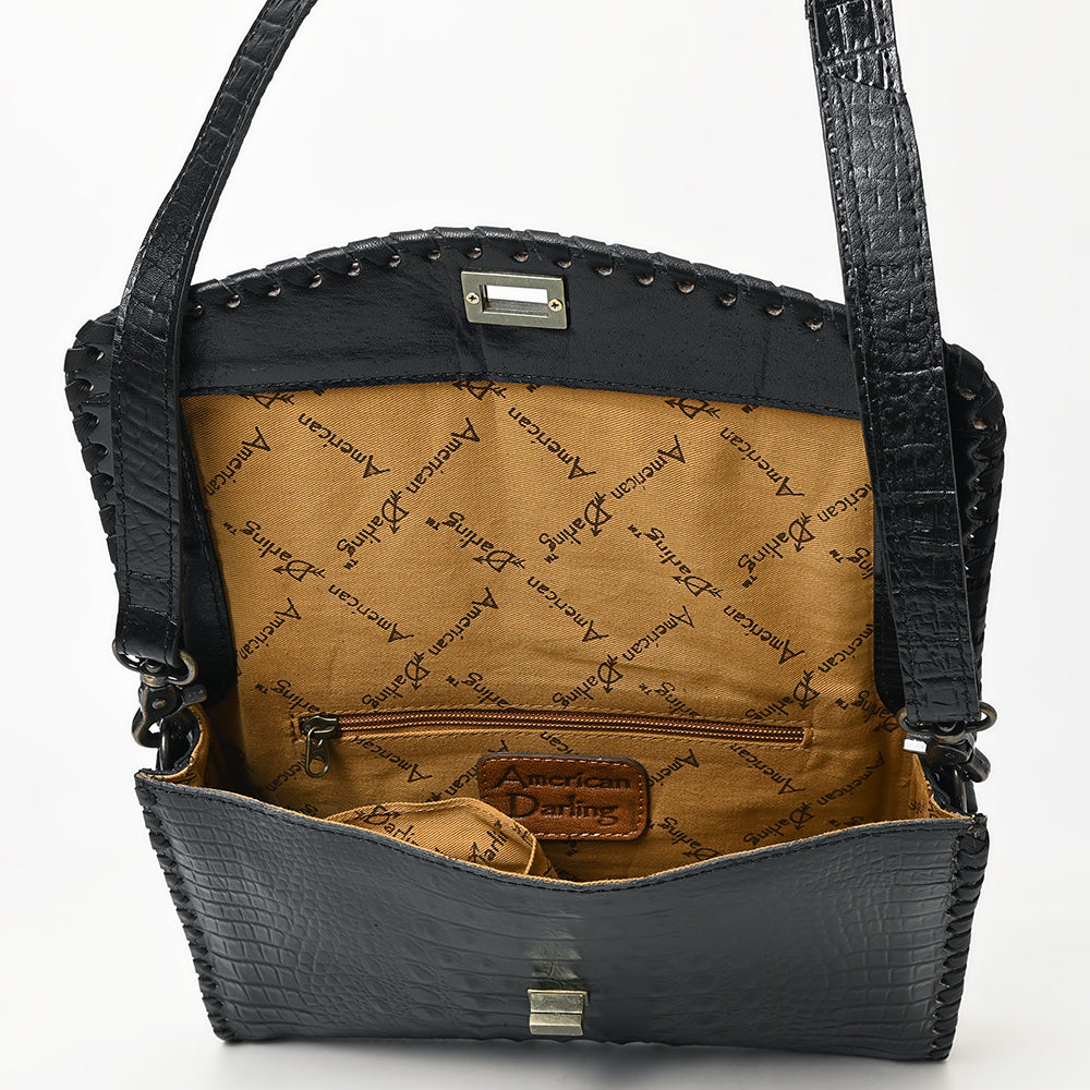 ADBG1526 Black Croc-Embossed Leather Crossbody Bag - Western Structured Flap Purse