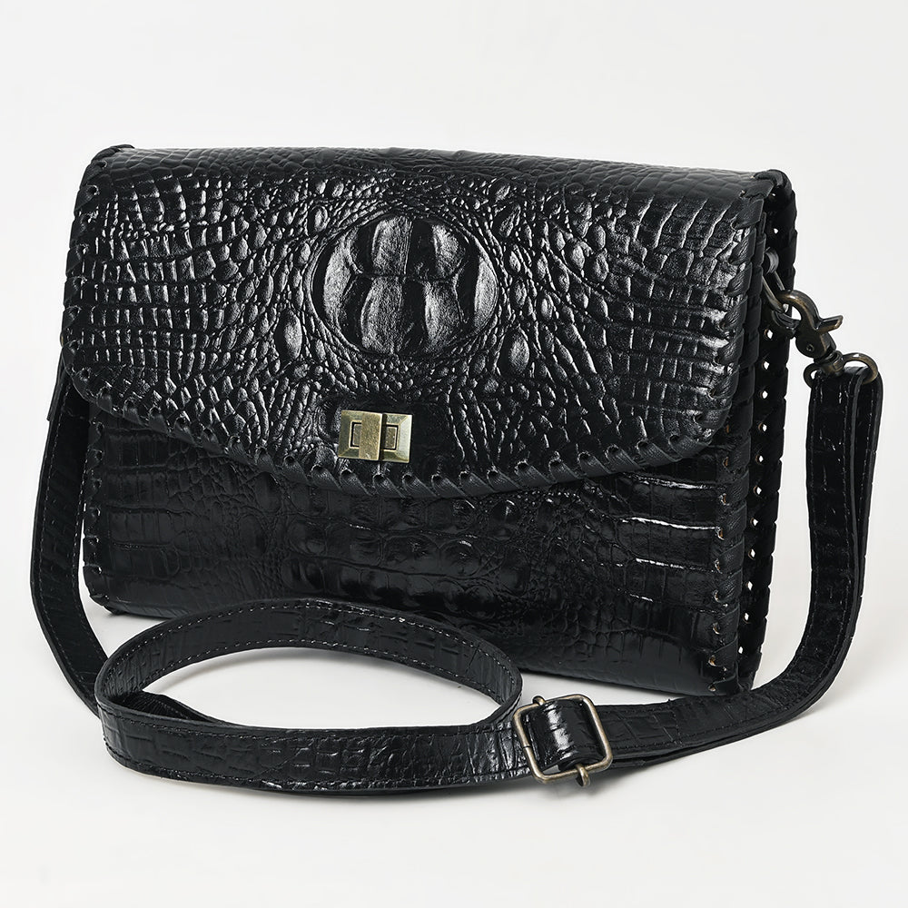 ADBG1526 Black Croc-Embossed Leather Crossbody Bag - Western Structured Flap Purse