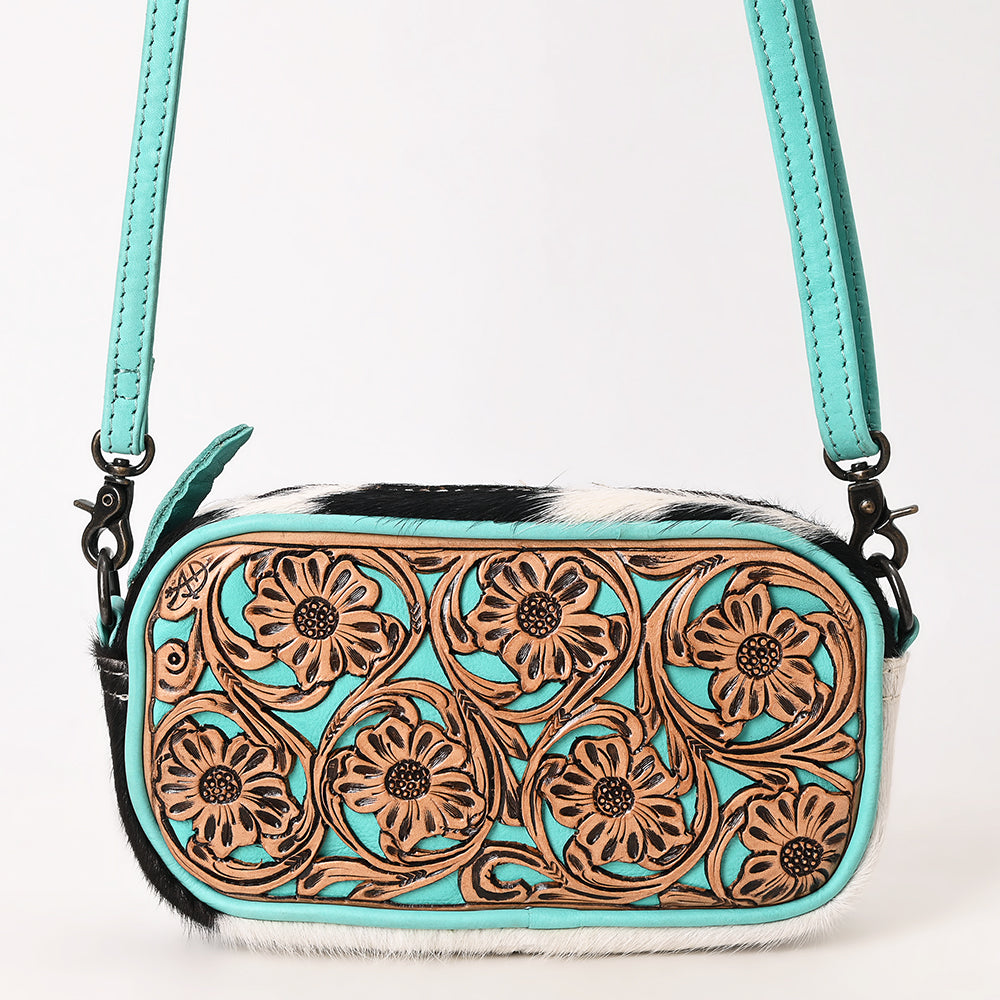 ADBG1528 Turquoise Hand Tooled Leather Crossbody Bag - Floral Cowhide Western Purse