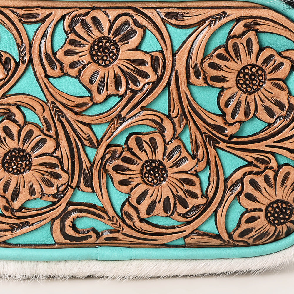 ADBG1528 Turquoise Hand Tooled Leather Crossbody Bag - Floral Cowhide Western Purse