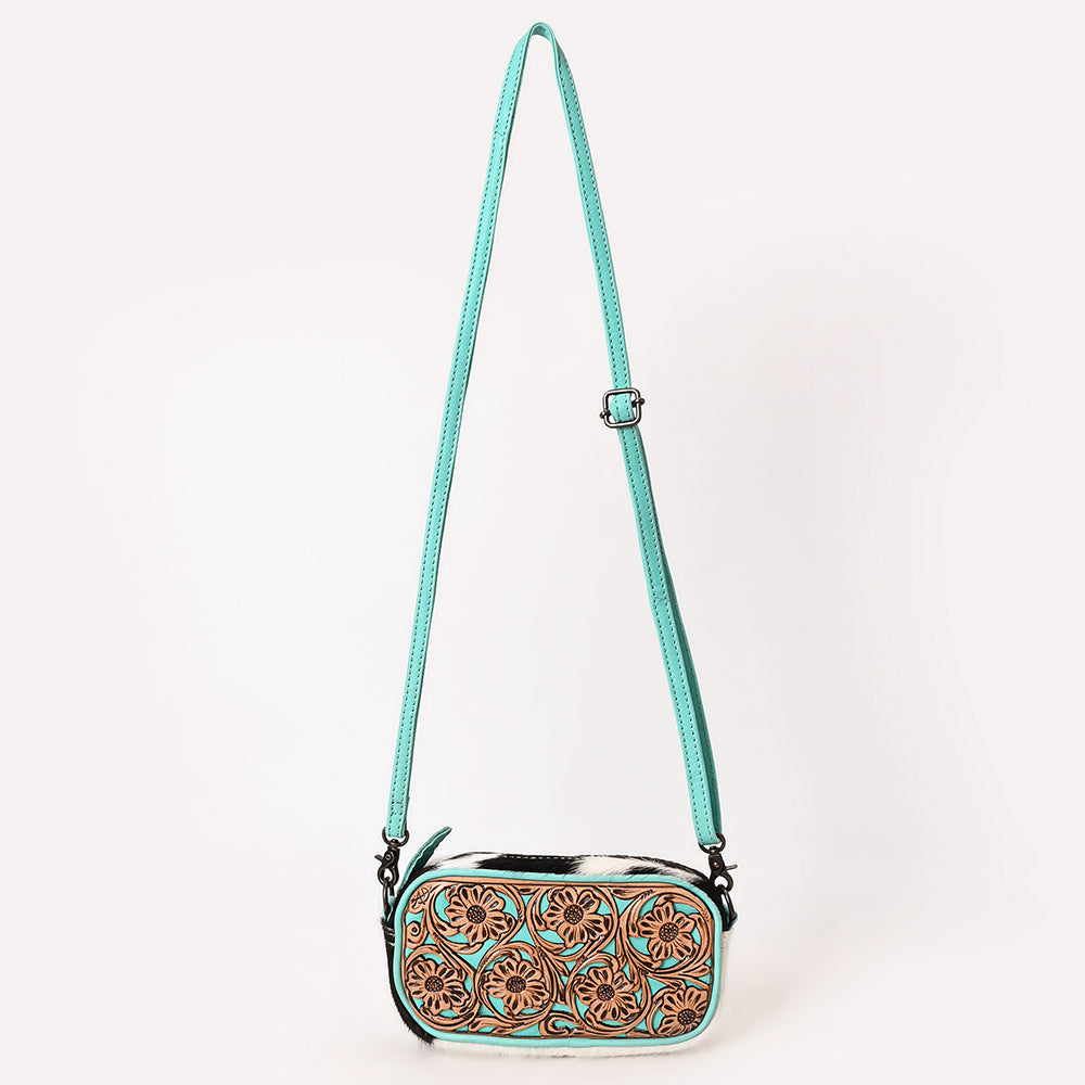 ADBG1528 Turquoise Hand Tooled Leather Crossbody Bag - Floral Cowhide Western Purse