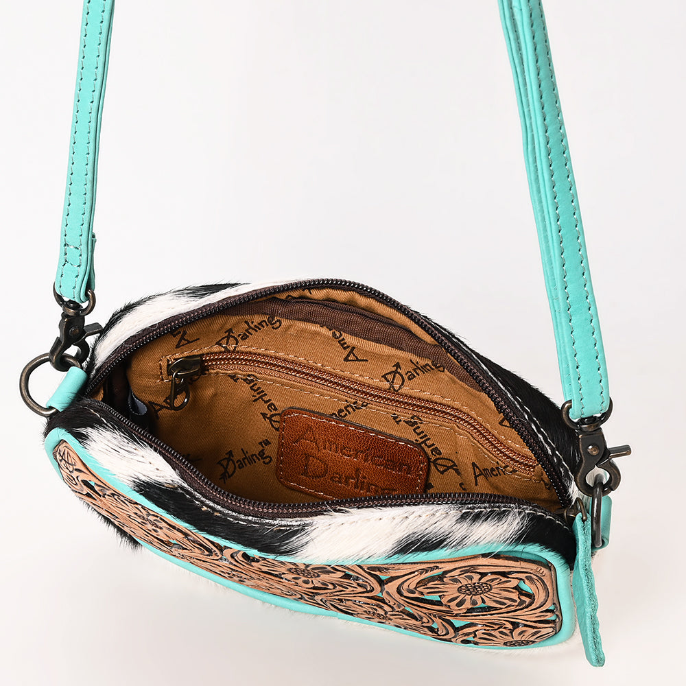 ADBG1528 Turquoise Hand Tooled Leather Crossbody Bag - Floral Cowhide Western Purse