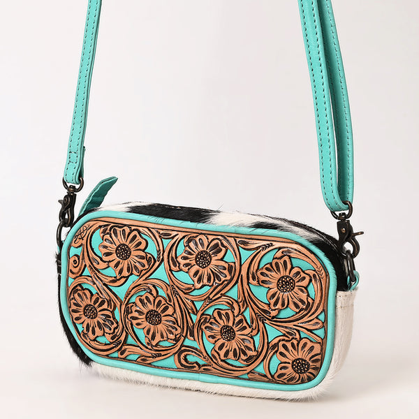 ADBG1528 Turquoise Tooled Leather Crossbody Bag - Floral Cowhide Western Purse