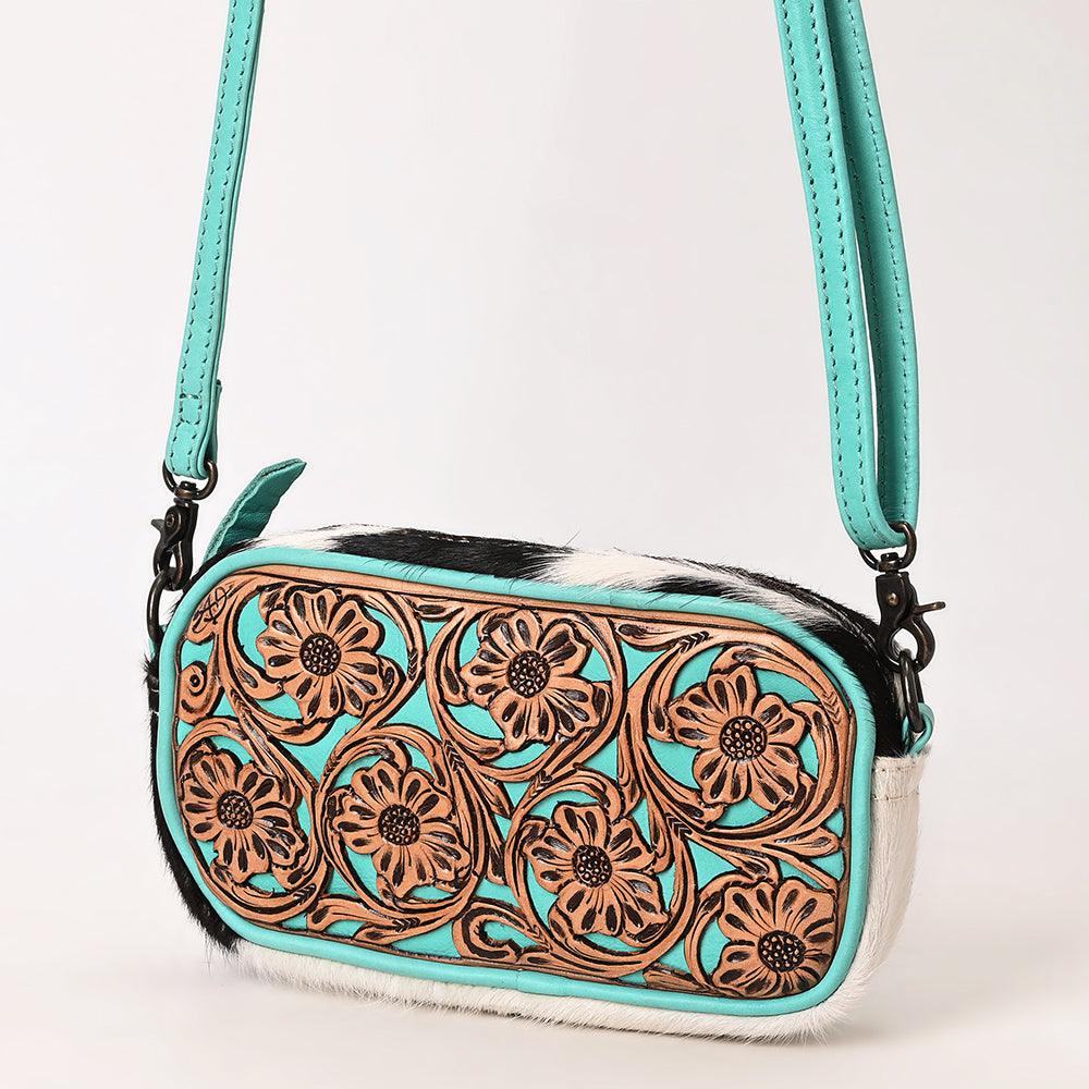 ADBG1528 Turquoise Hand Tooled Leather Crossbody Bag - Floral Cowhide Western Purse