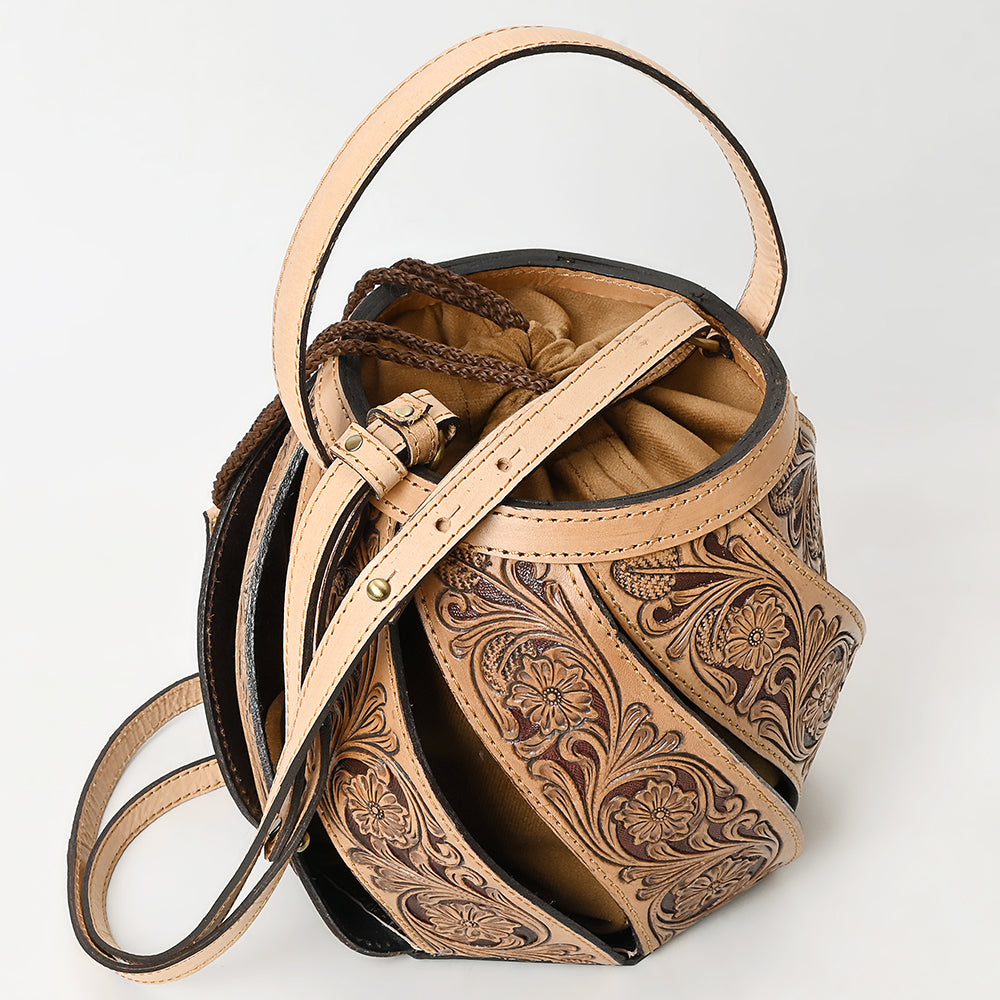 ADBGA589 Hand-Tooled Genuine Leather Bucket Bag-Western Style Drawstring Purse for Women