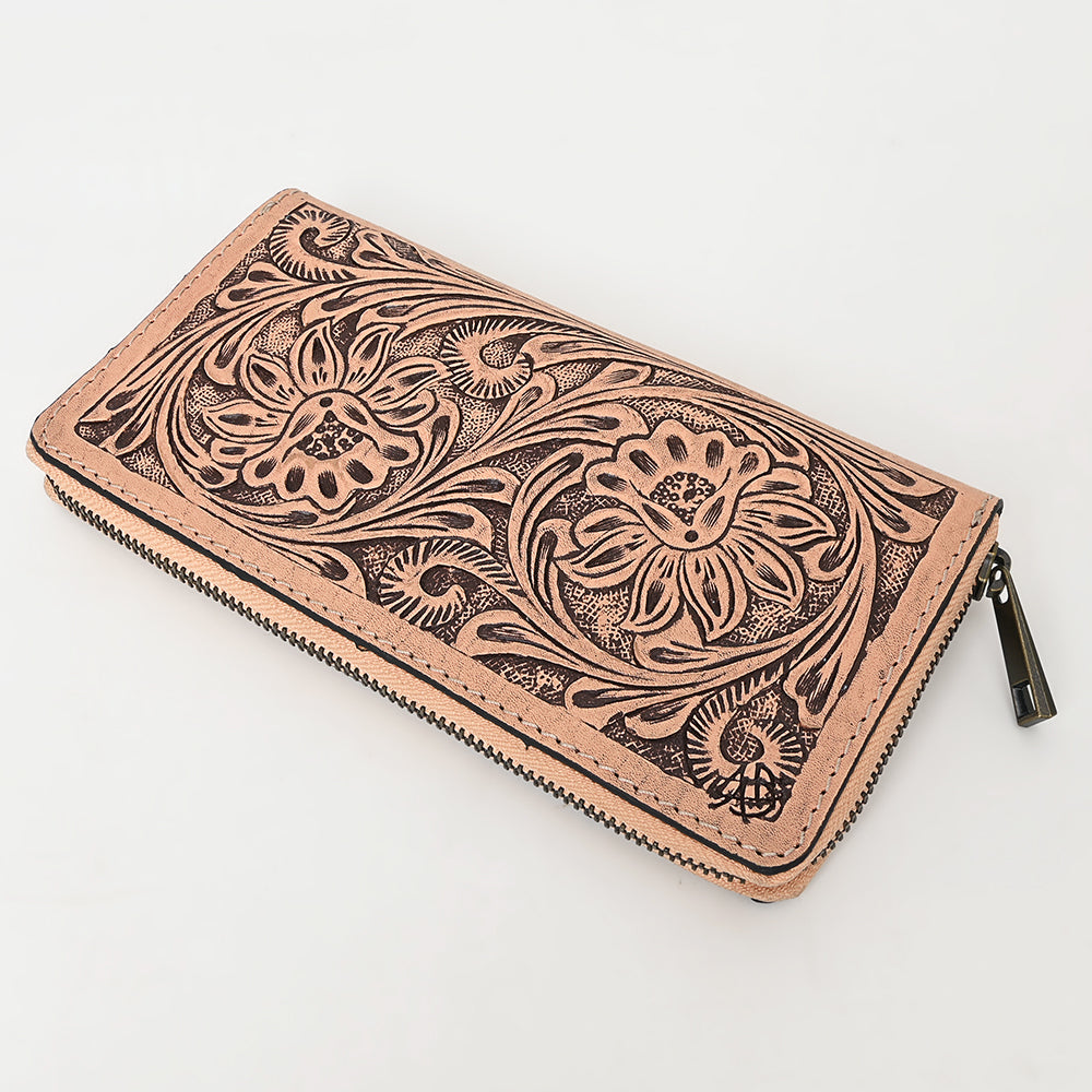 ADBGZ870 Tan Hand-Tooled Leather Zip Wallet Western Floral Clutch | American Darling