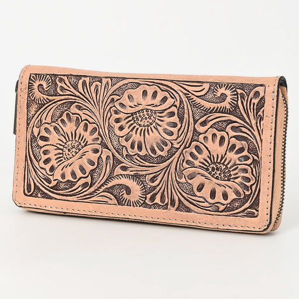 ADBGZ870 Tan Hand-Tooled Leather Zip Wallet Western Floral Clutch | American Darling