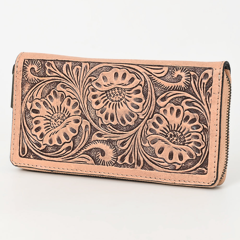 ADBGZ870 Tan Hand-Tooled Leather Zip Wallet Western Floral Clutch | American Darling