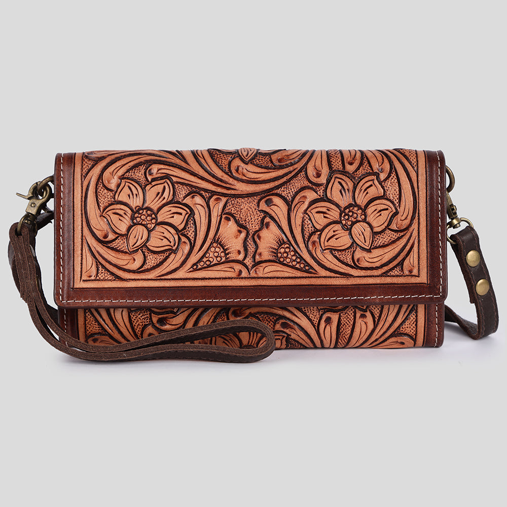 ADBGM295 Hand-Tooled Leather Clutch Wallet - Western Floral Design & Detachable Strap