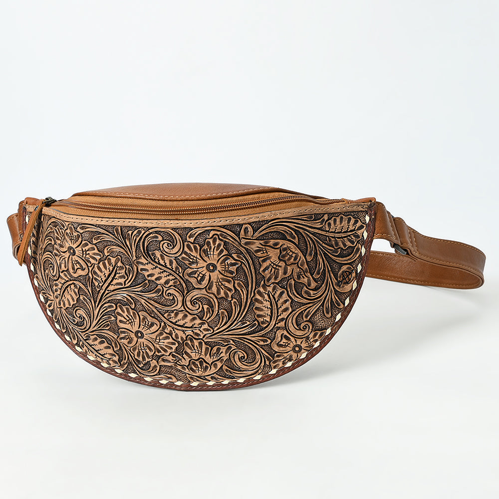 ADBG1531 Hand-Tooled Leather Belt Bag - Western Floral Tooled Fanny Pack