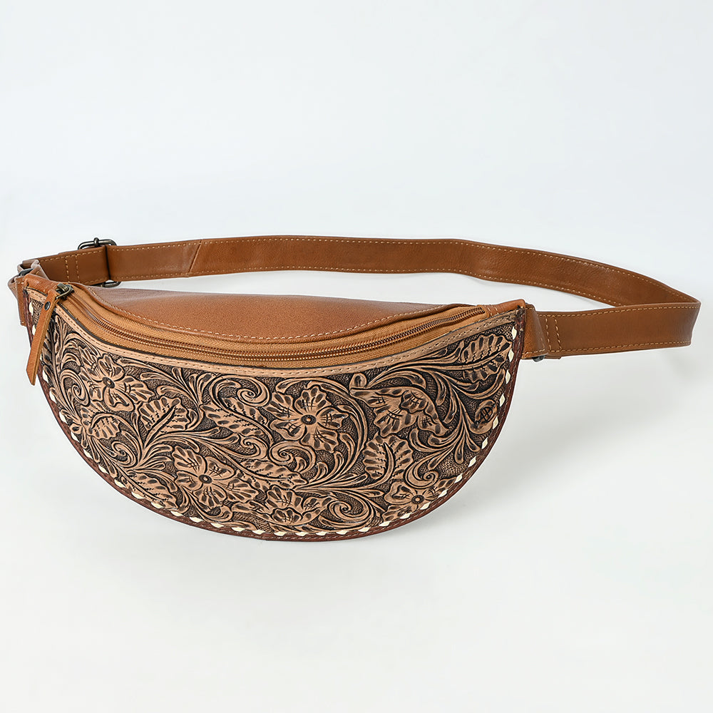 ADBG1531 Hand-Tooled Leather Belt Bag - Western Floral Tooled Fanny Pack