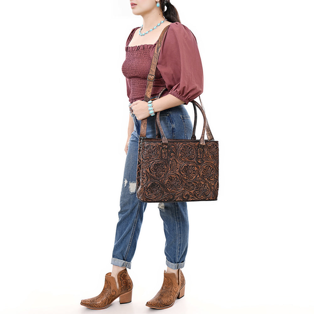 ADBG1532 Metallic Bronze Tooled Leather Tote Bag - All-Over Western Floral Design