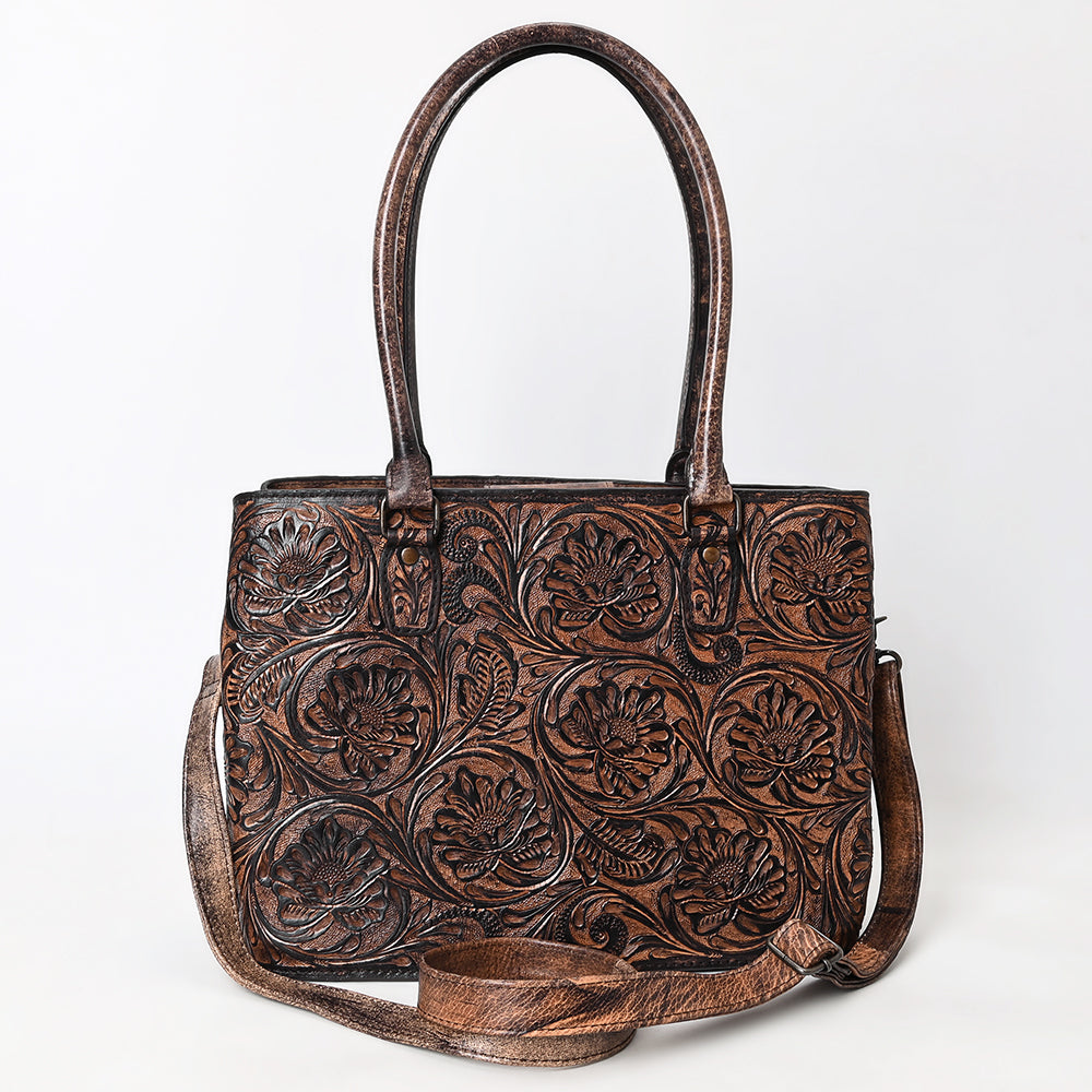 ADBG1532 Metallic Bronze Tooled Leather Tote Bag - All-Over Western Floral Design